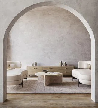 Boho beige livingroom interior design with 2 sofa, arch and grey stucco wall Ilustración de archivo