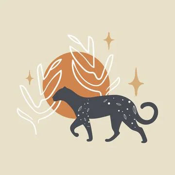 Boho black leopard cartoon style illustration Stock Illustration