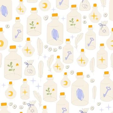 Boho bottle seamless pattern with tubes and crystals Stock Illustration