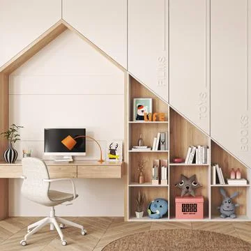 Boho bright lighting interior kids room with workplace and orange lamp. Interior イラスト素材