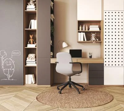 Boho bright lighting interior kids room with workplace. Interior design Stock-Illustration