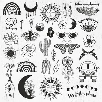Boho bundle, celestial, floral moon, hippie, boho rainbow, moon phases, Ilustração Stock