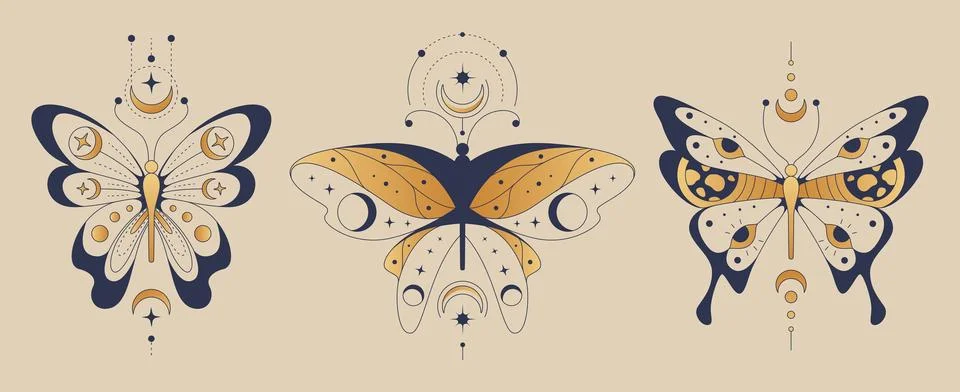 Boho butterfly illustrations with moons Stockillustratie