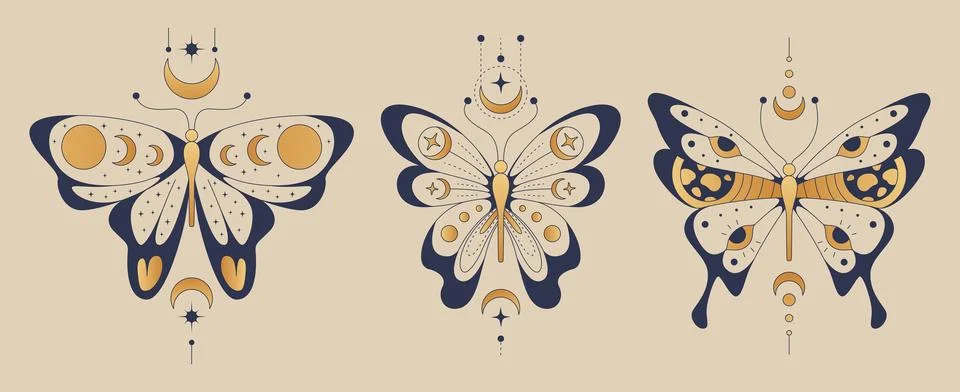 Boho butterfly illustrations with moons Stockillustratie