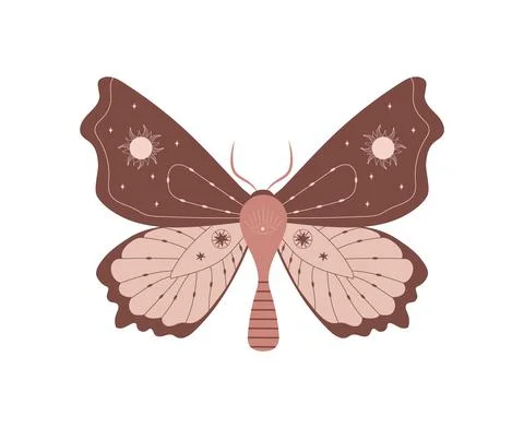 Boho butterfly. Insect with celestial elements. Witch and magic symbol. Abstract Illustrazione stock