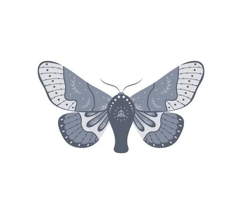 Boho butterfly. Insect with celestial elements. Witch and magic symbol. Abstract Illustrazione stock