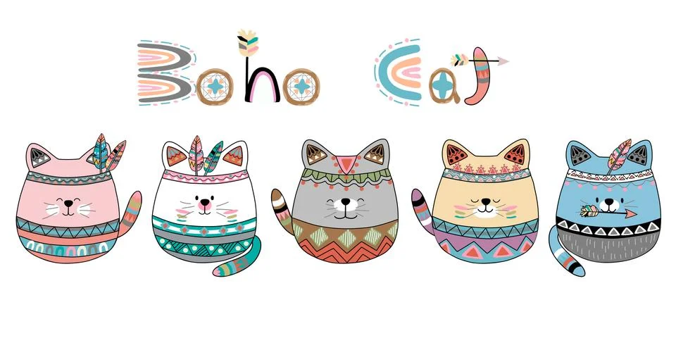 This boho cat design with cute patterns Illustrazione stock