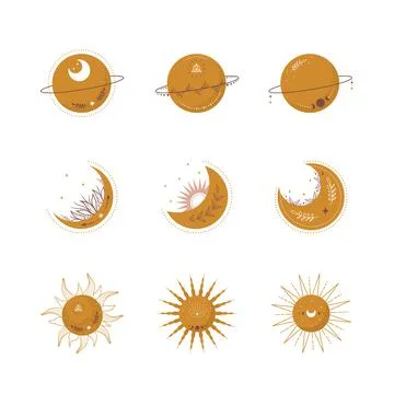 Boho celestial elements. Trendy moon, sun and planets in yellow color. Children Stock Illustration