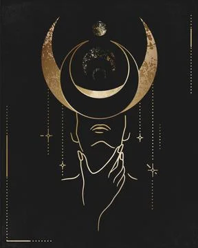 Boho celestial gold moon. Full star elements, retro alchemy sky, esoteric Stock Illustration