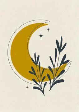 Boho celestial magic art with moon and herbs. Minimalist printable wall art Ilustração Stock