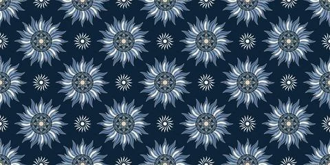 Boho celestial seamless pattern with sun mandalas and ethnic ornaments on d.. Stock Illustration