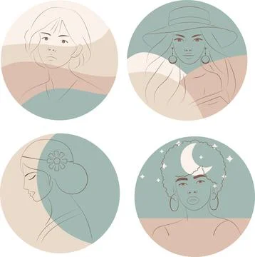 Boho Chic Backgrounds with Elegant Line Art Portraits: Minimalist Tropical .. Stock Illustration