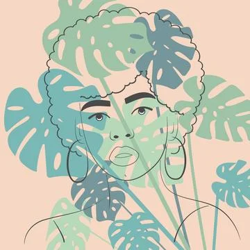 Boho Chic Backgrounds with Elegant Line Art Portraits: Minimalist Tropical .. Stock Illustration