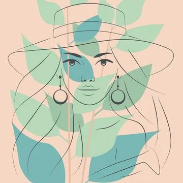Boho Chic Backgrounds with Elegant Line Art Portraits: Minimalist Tropical .. Stock Illustration