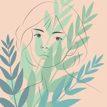 Boho Chic Backgrounds with Elegant Line Art Portraits: Minimalist Tropical .. Stock Illustration