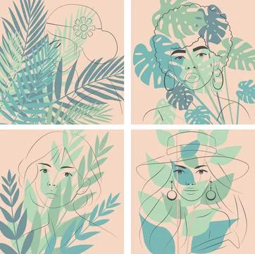 Boho Chic Backgrounds with Elegant Line Art Portraits Minimalist Tropical Lea Illustrazione stock