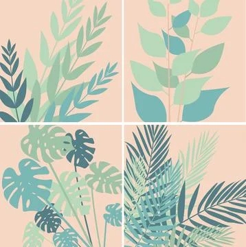 Boho Chic Backgrounds: Minimalist Tropical Leaf Designs with Monstera and P.. Stock Illustration