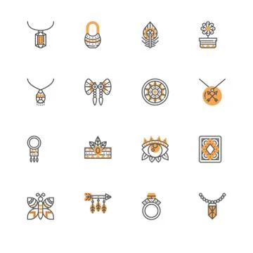 Boho chic bohemian style clothes and accessories. Set yellow shadow icon EPS  Stock Illustration