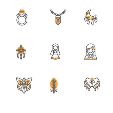 Boho chic bohemian style clothes and accessories. Set yellow shadow icon EPS  Stock Illustration