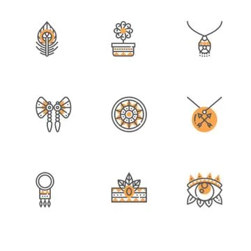Boho chic bohemian style clothes and accessories. Set yellow shadow icon EPS  Stock Illustration