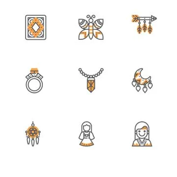 Boho chic bohemian style clothes and accessories. Set yellow shadow icon EPS  Stock Illustration