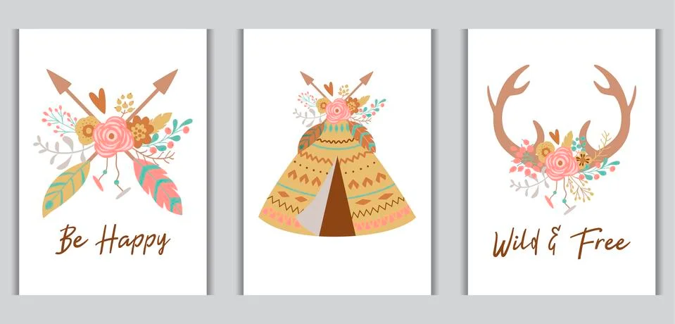 Boho chic card template collection for bohemian birthday arrows, teepee, deer 스톡 일러스트