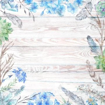 Boho Chic Fall Wood Background with Flowers and Feathers Stock Illustration