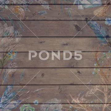 Boho Chic Fall Wood Background with Flowers and Feathers Stock Illustration
