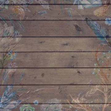 Boho Chic Fall Wood Background with Flowers and Feathers Stock Illustration