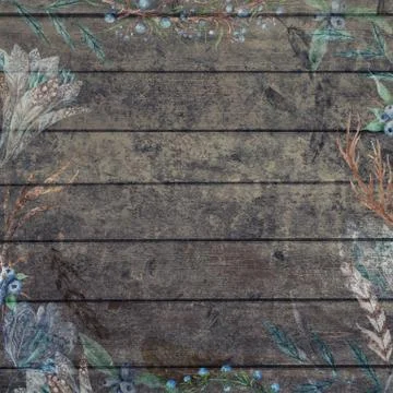 Boho Chic Fall Wood Background with Flowers and Feathers Stock Illustration