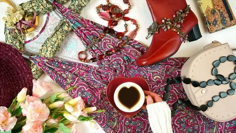 Boho Chic fashion layout flat lay stop motion animation. Stock Footage 114728291