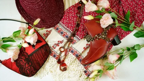 Boho Chic fashion layout flat lay stop motion animation. Stock Footage 114729202