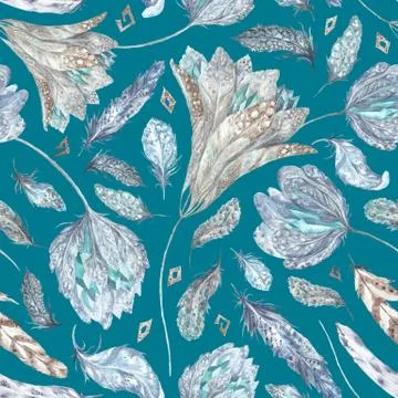 Boho Chic Watercolor Pattern on turquoise background Stock Illustration