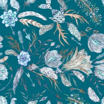 Boho Chic Watercolor Pattern on turquoise background Stock Illustration