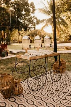 Boho chic wedding decor with neutral and earthy elements Stock Photos