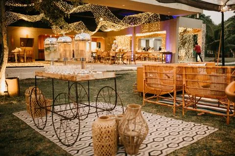 Boho chic wedding decor with neutral and earthy elements Stock Photos