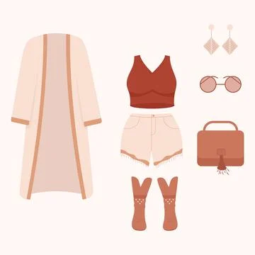 Boho clothing set. Boho style fashion outfit. Fashionable clothes Stock Illustration