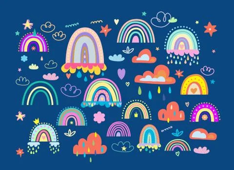 Boho collection of rainbows, clouds and stars. Stock Illustration