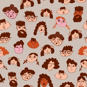 Boho colors seamless pattern with funny faces of people with different genders Stock Illustration