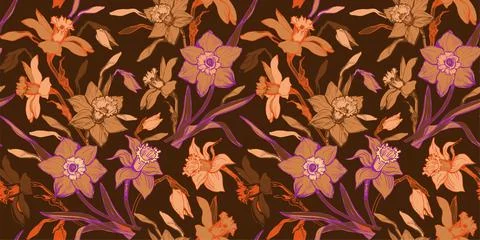 Boho colors trendy seamless pattern with hand drawn flowers. Illustrazione stock