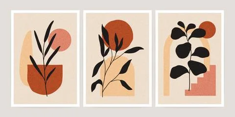 Boho contemporary posters. Modern mid century botanical art print, branch leaves Stock Illustration