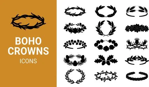 Boho Crowns Icons Collection - Hand-Drawn Laurel Wreaths and Floral Headpiece Stock Illustration