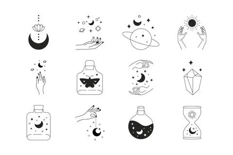 Boho doodle magic icons set. Mystic simple hand drawn logos crystal sun lotus Stock Illustration