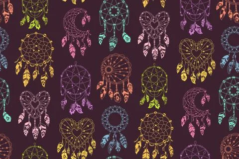 Boho dreamcatcher feathers seamless pattern vector 스톡 일러스트