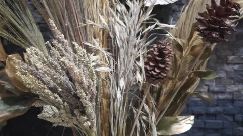 Boho Dried Flower Arrangement With Pinecones And Golden Leaves Stock Footage 332464539