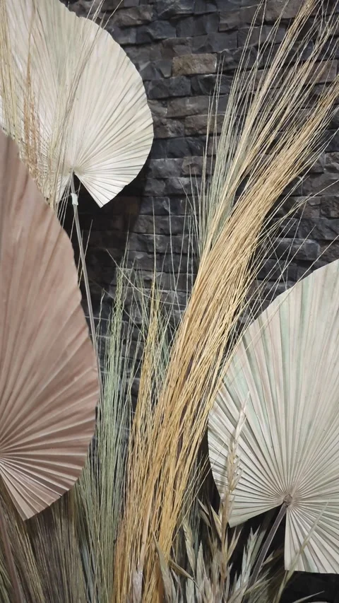 Boho Dried Flower Arrangement With Pinecones And Golden Leaves Stock Footage 332464794