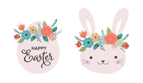 Boho Easter concept design, Banner set with bunnies, eggs and flower crowns in Stock Illustration