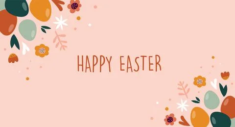 Boho Easter concept design, bunnies, eggs, flowers and rainbows in pastel and Stock Illustration