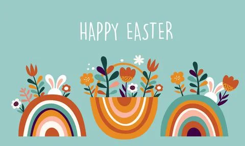 Boho Easter concept design, bunnies, eggs, flowers and rainbows in pastel and Illustrazione stock