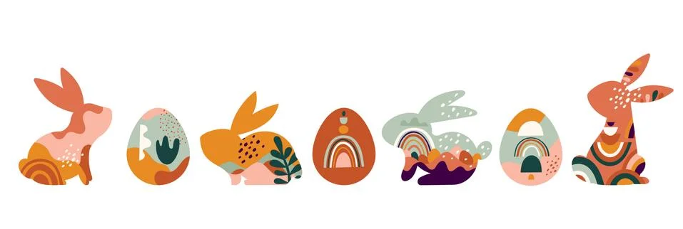 Boho Easter concept design, bunnies, eggs, flowers and rainbows in pastel and Stock Illustration